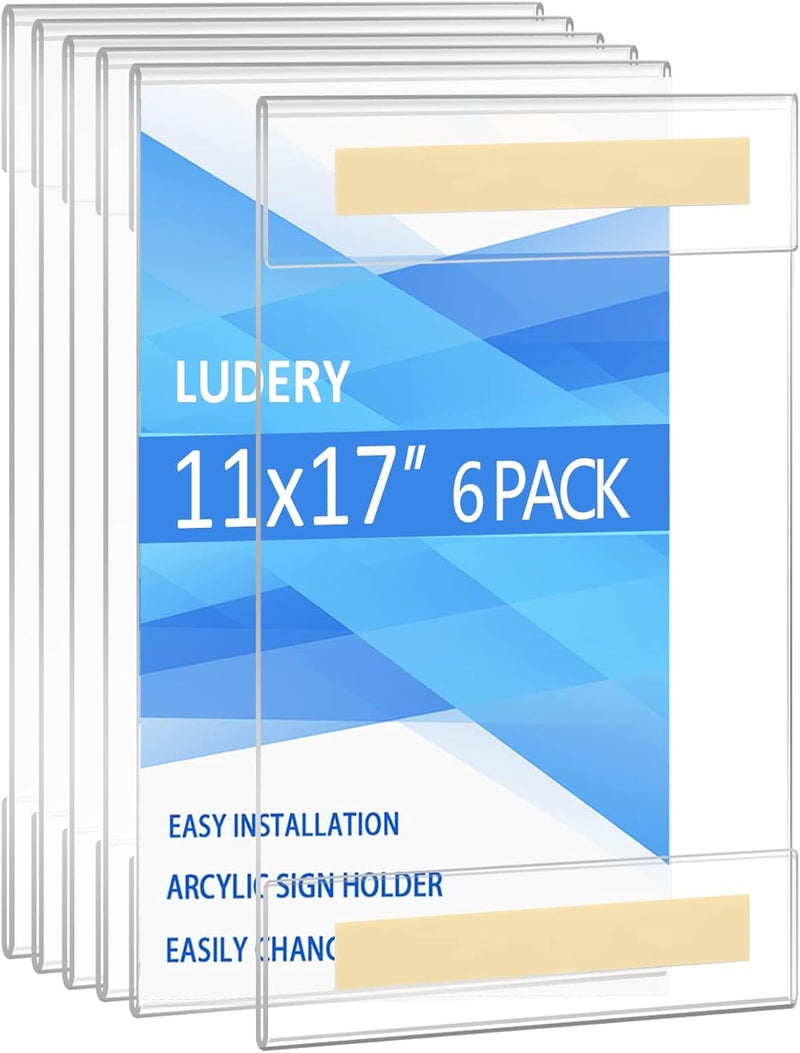 Ludery Acrylic Sign Holder 11 x 17 inches Vertical Wall Mount Sign Holders Clear Acrylic Frame with 3M Tape Adhesive Clear Poster Frames Plastic Sign Holder for Office, Home, Restaurant-No Drilling(6 Pack) - Image 1
